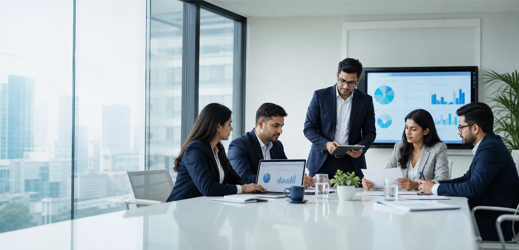Corporate consulting team collaborating around a conference table