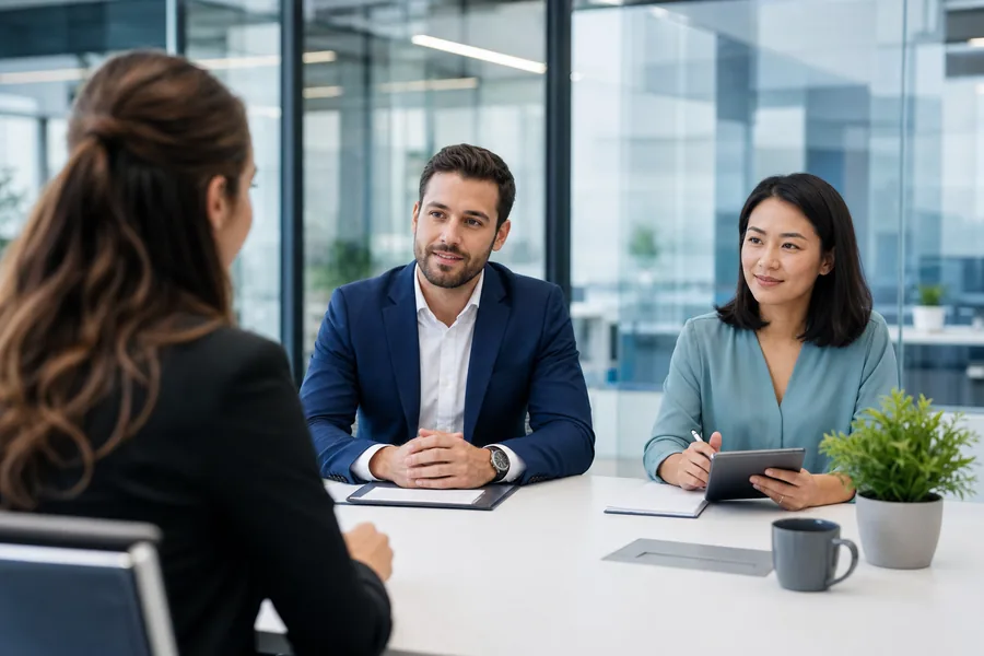 Professional interview discussion between hiring team and candidate